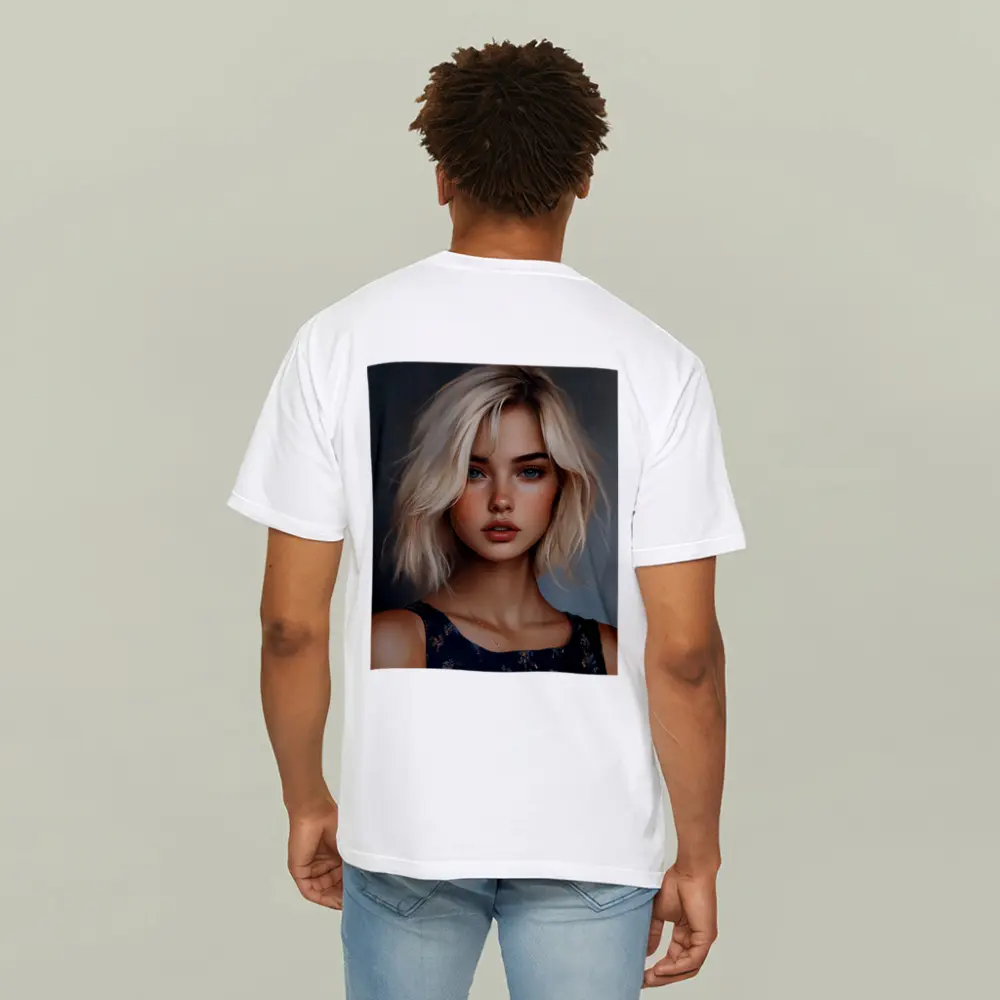 Blonde Girl Portrait Blue Floral Dress – T-Shirts