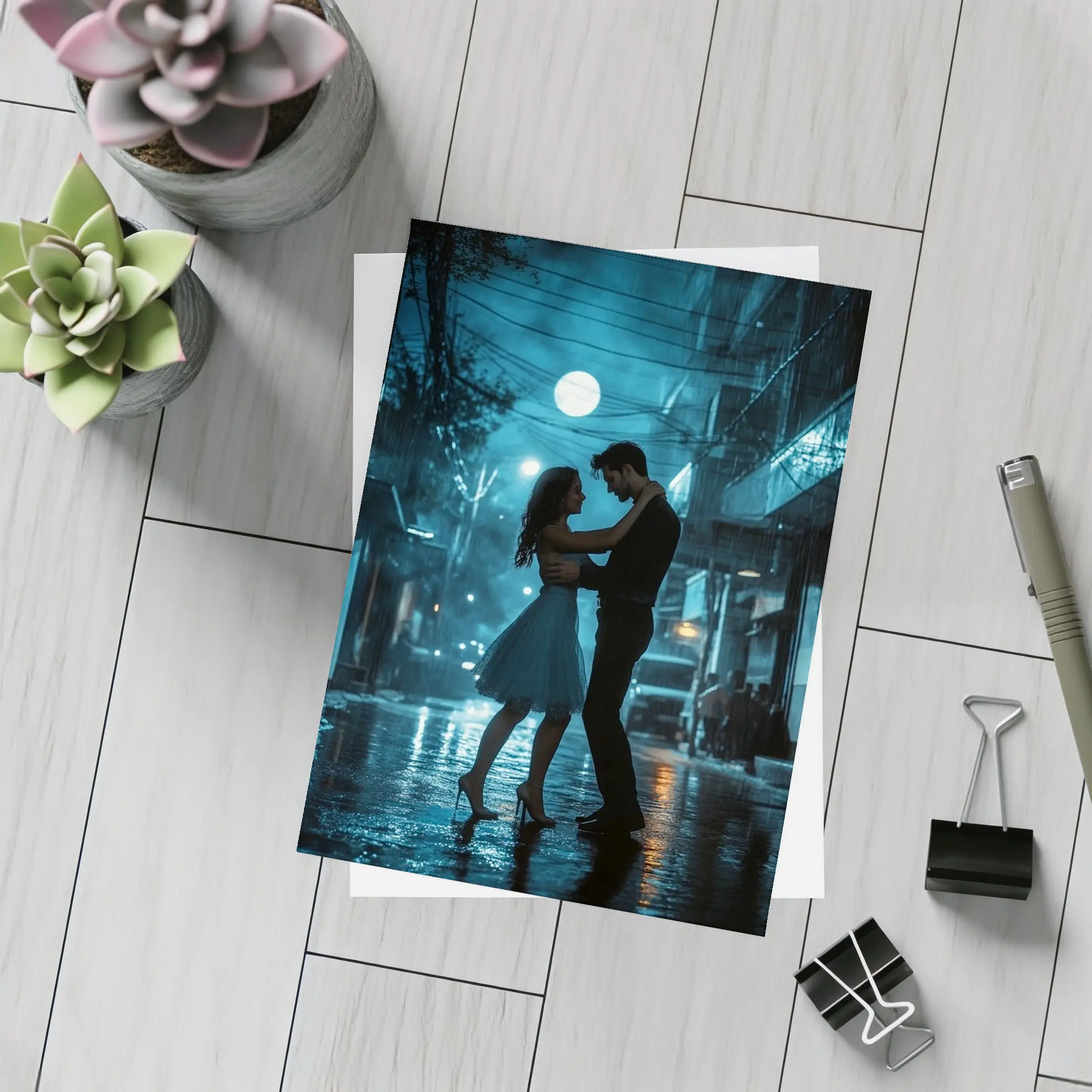 Couple Dancing in Rainy Night Street – Postcards