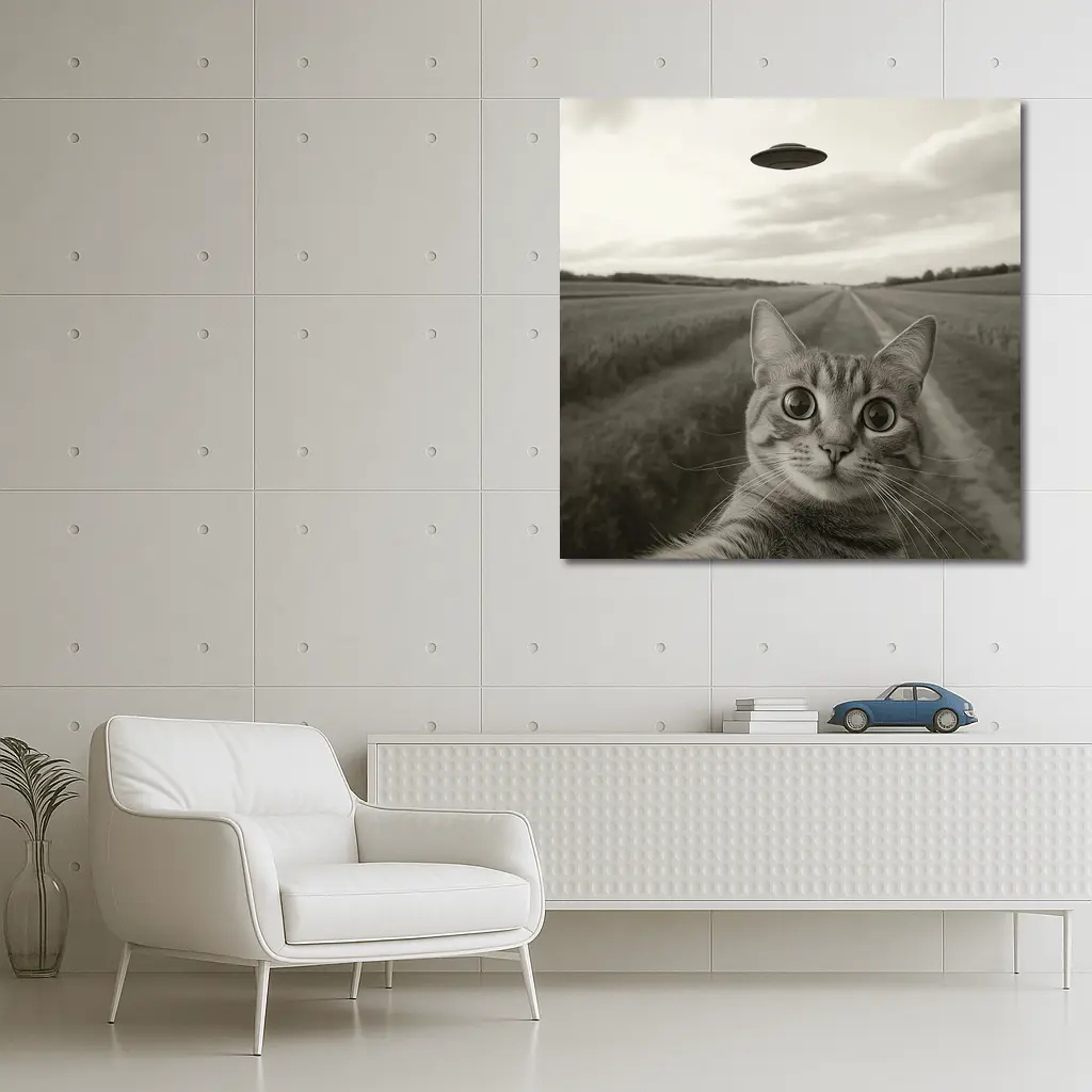 Cat Selfie UFO Flying Saucer Country Road – Wall Art