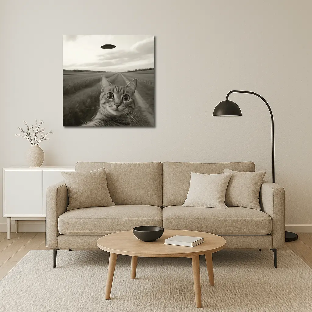 Cat Selfie UFO Flying Saucer Country Road – Wall Art