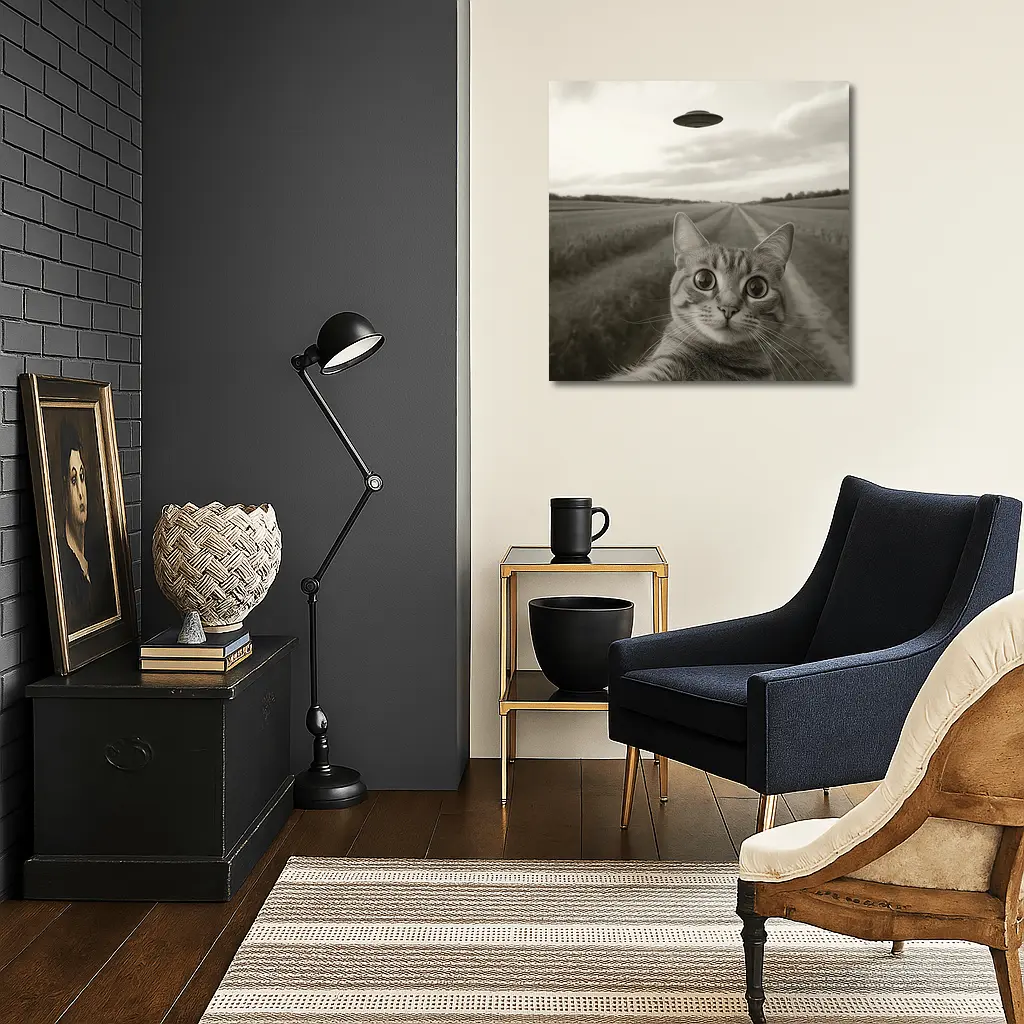Cat Selfie UFO Flying Saucer Country Road – Wall Art