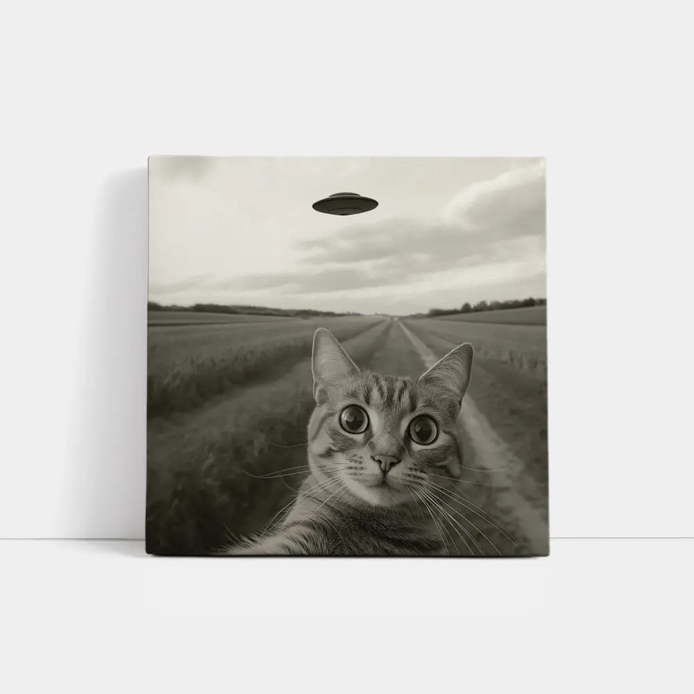 Cat Selfie UFO Flying Saucer Country Road – Wall Art