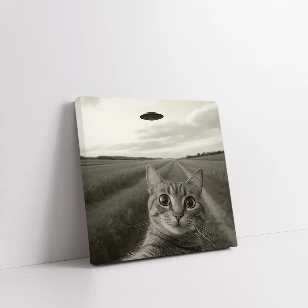 Cat Selfie UFO Flying Saucer Country Road – Wall Art
