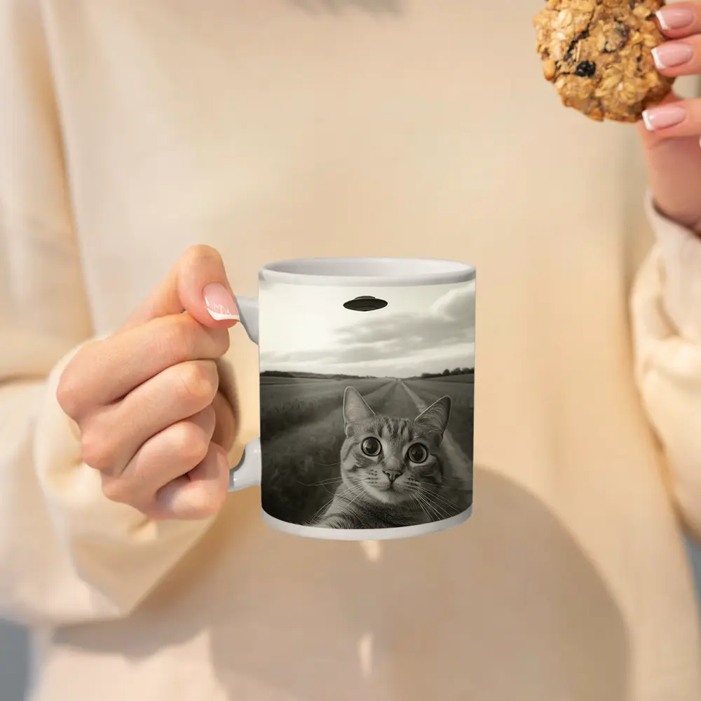 Cat Selfie UFO Flying Saucer Country Road – Mugs