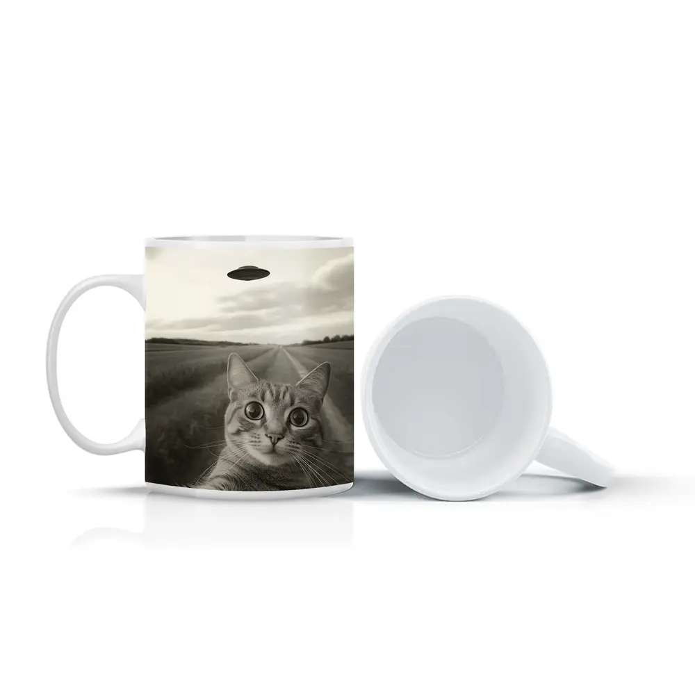 Cat Selfie UFO Flying Saucer Country Road – Mugs