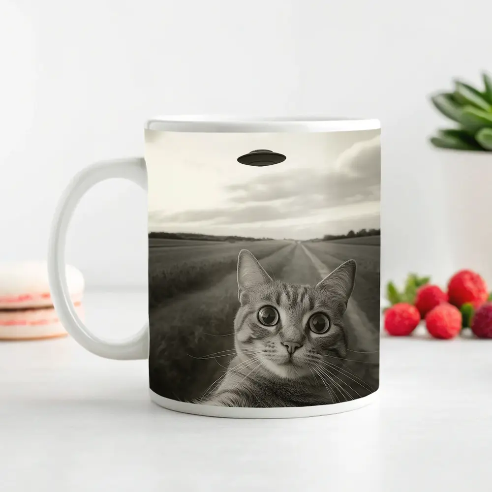 Cat Selfie UFO Flying Saucer Country Road – Mugs