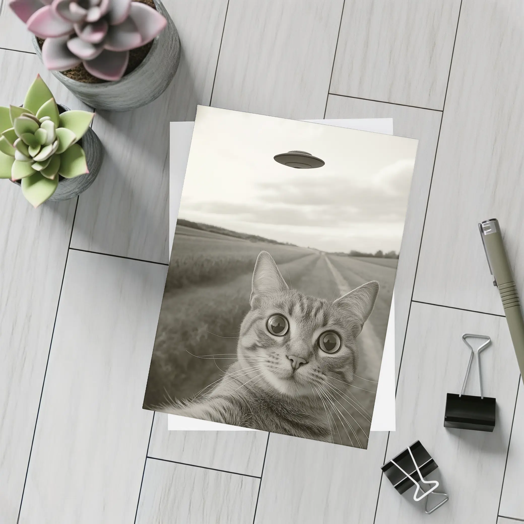 Cat Selfie UFO Flying Saucer Country Road – Postcards