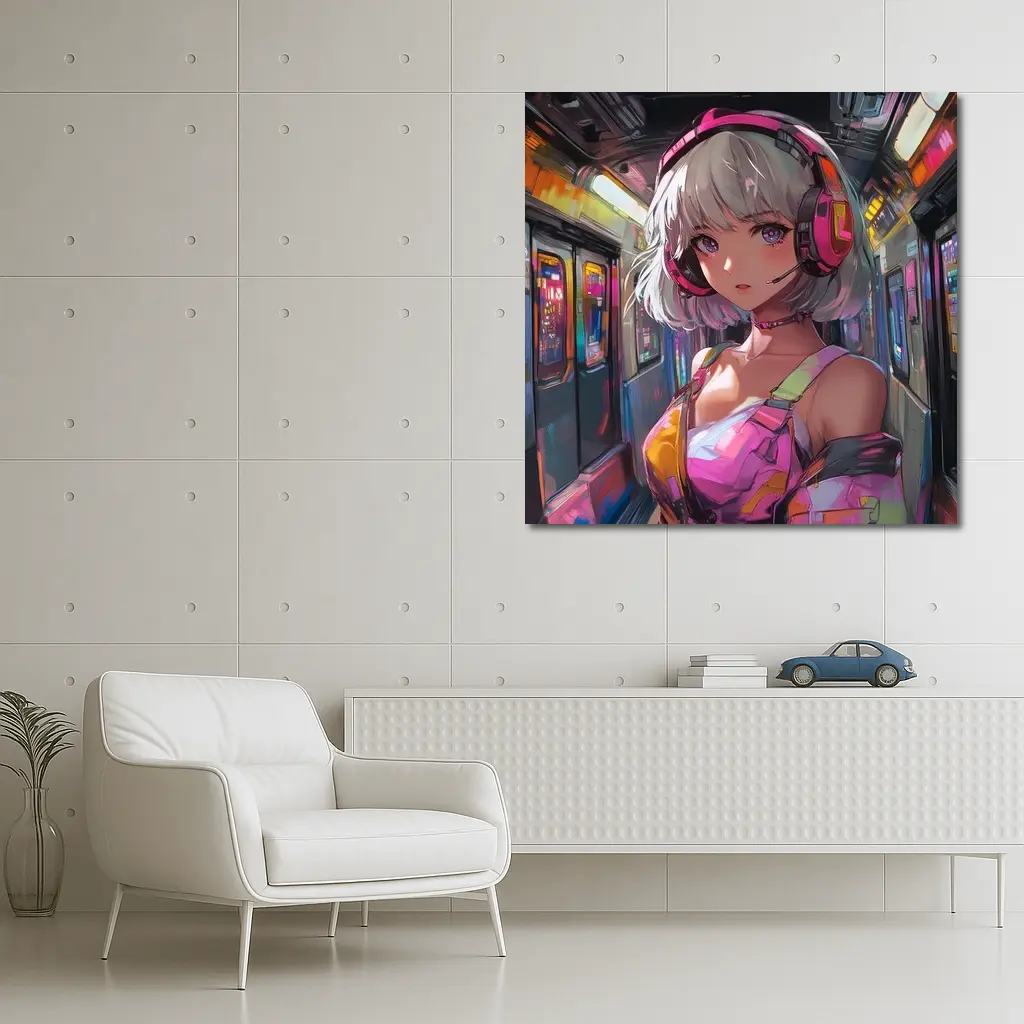 Anime Girl Headphones Neon Subway Train – Wall Art