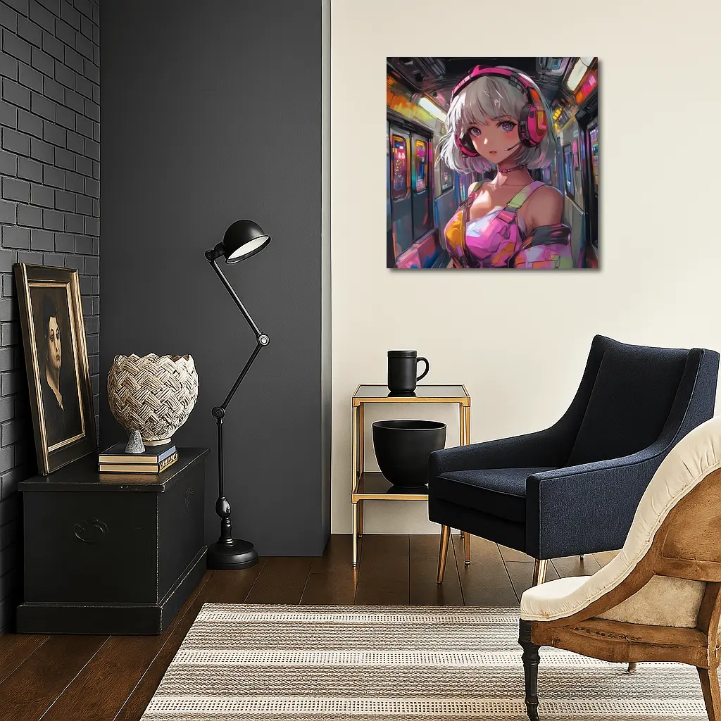 Anime Girl Headphones Neon Subway Train – Wall Art