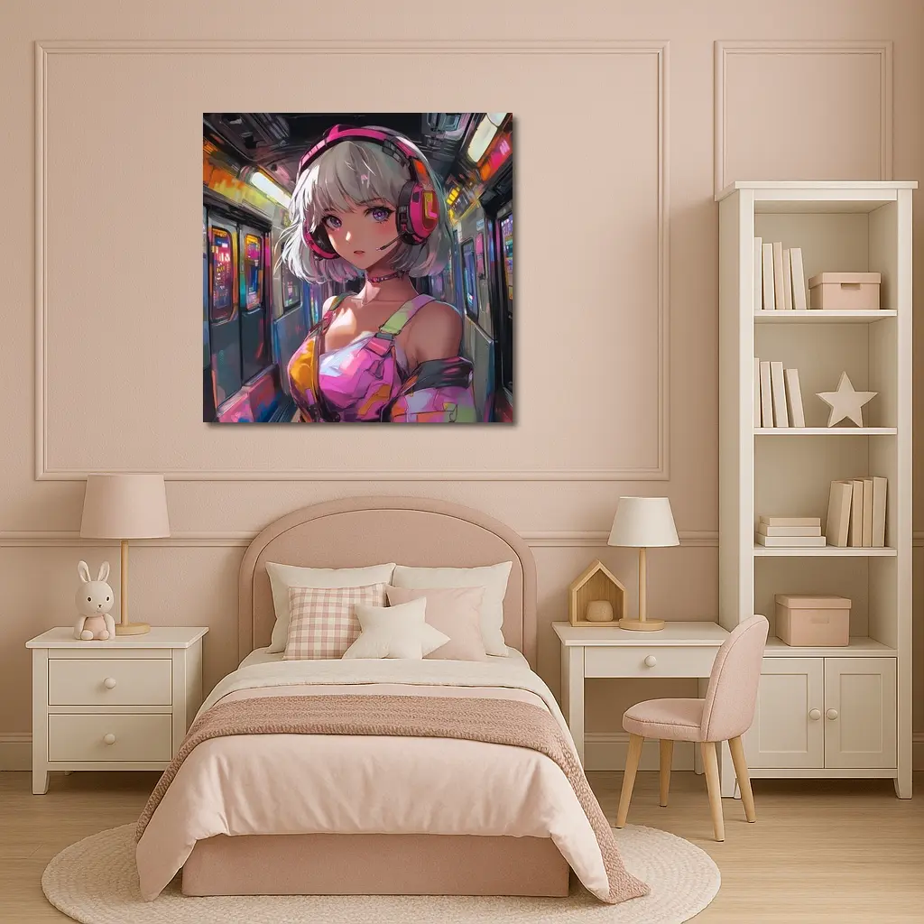 Anime Girl Headphones Neon Subway Train – Wall Art