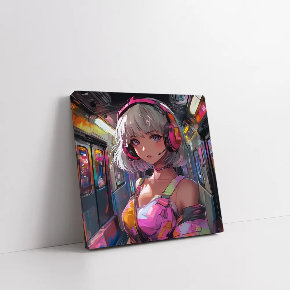 Anime Girl Headphones Neon Subway Train – Wall Art