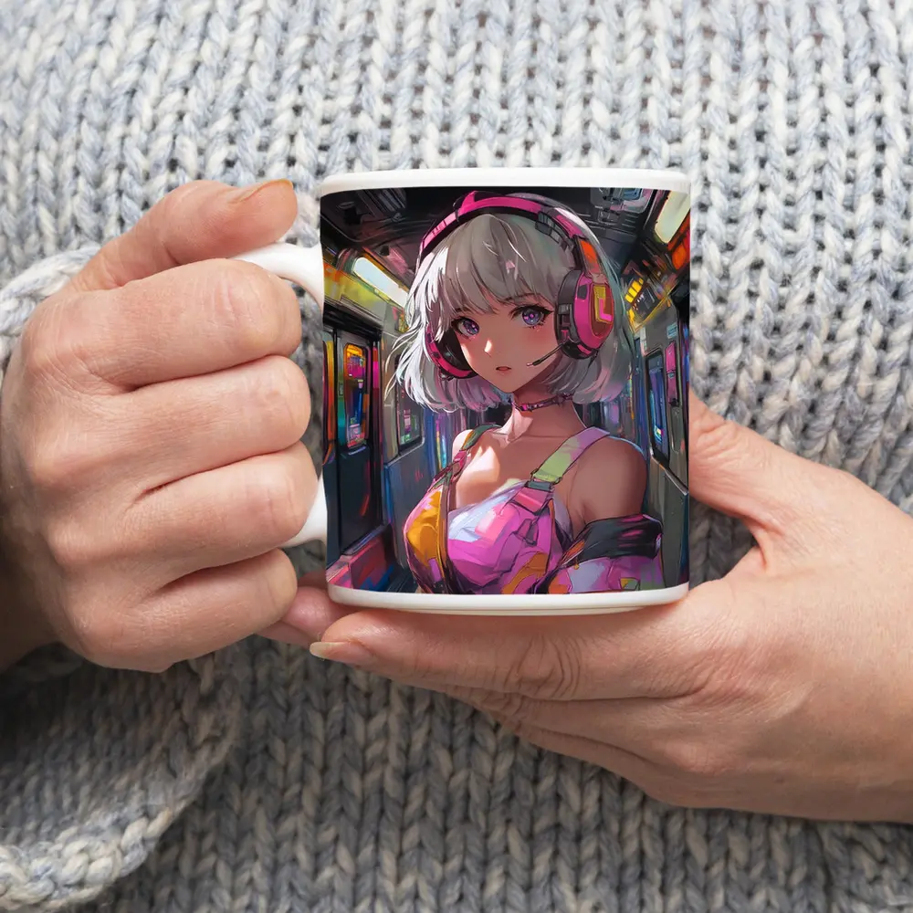 Anime Girl Headphones Neon Subway Train – Mugs