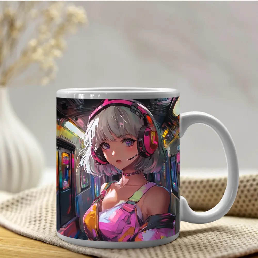 Anime Girl Headphones Neon Subway Train – Mugs