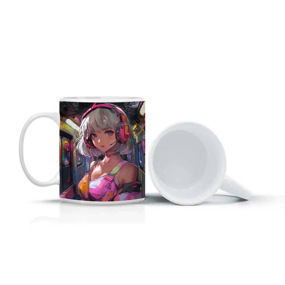 Anime Girl Headphones Neon Subway Train – Mugs