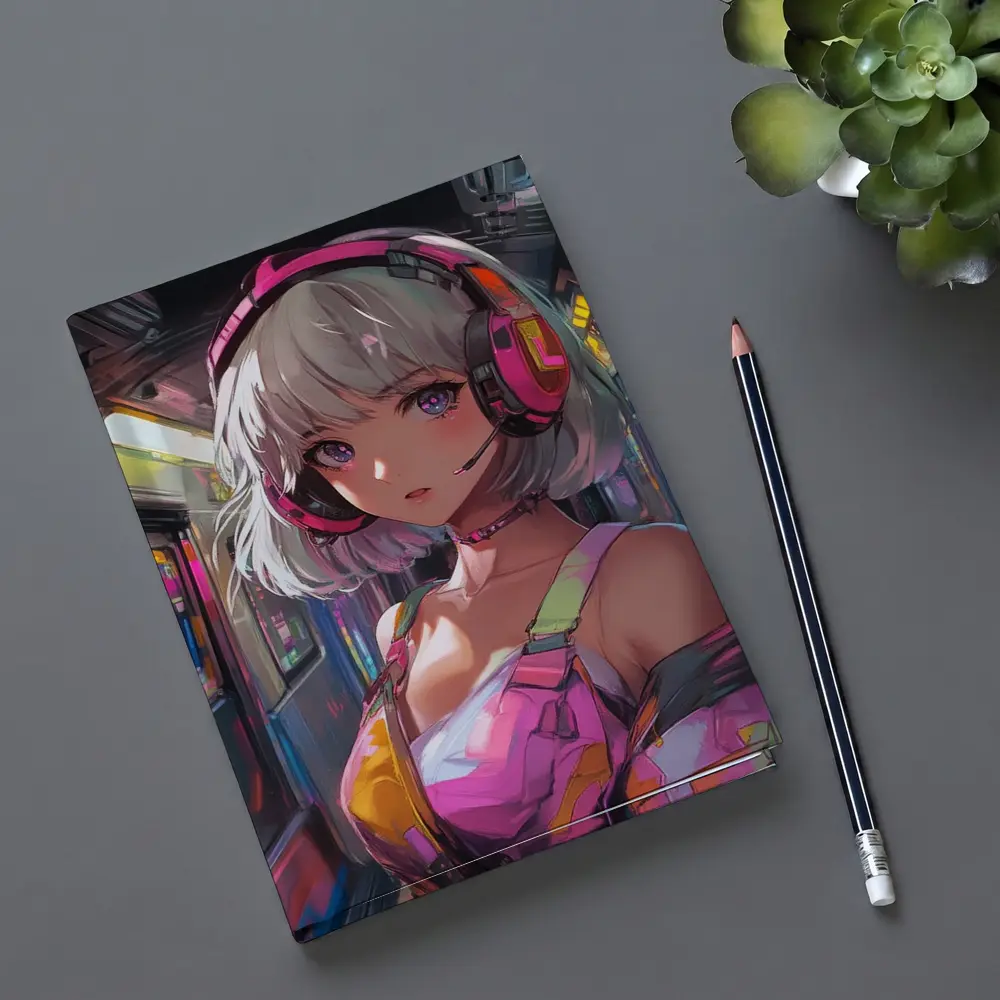 Anime Girl Headphones Neon Subway Train – Notebooks