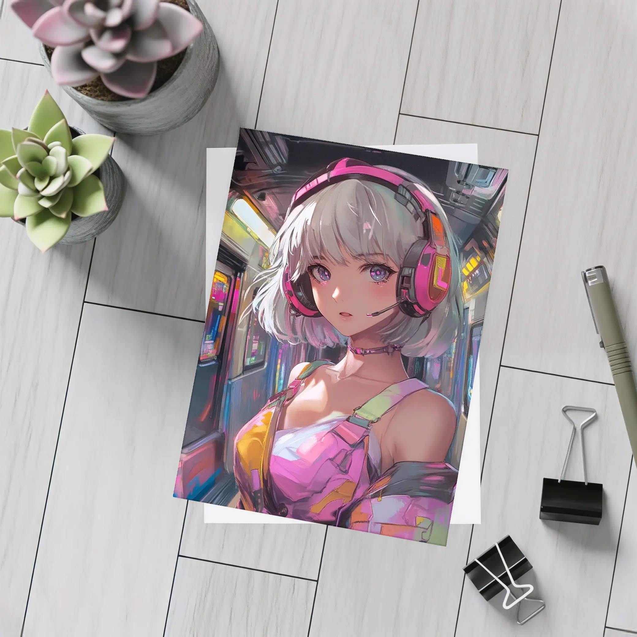 Anime Girl Headphones Neon Subway Train – Postcards
