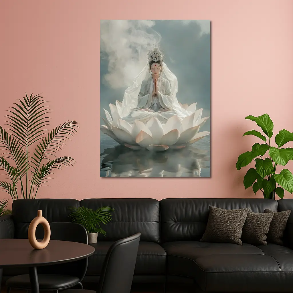 Guanyin Goddess Meditating on White Lotus – Wall Art