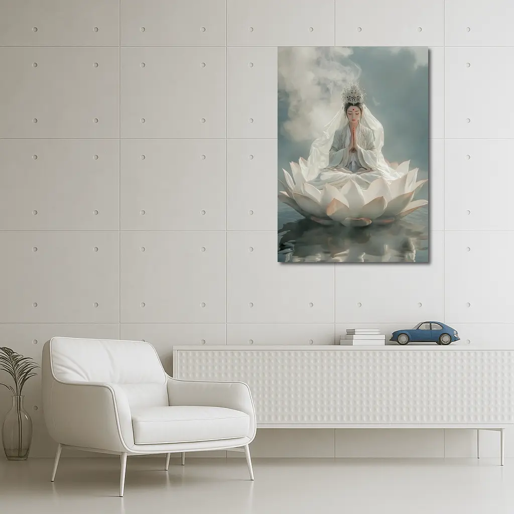 Guanyin Goddess Meditating on White Lotus – Wall Art
