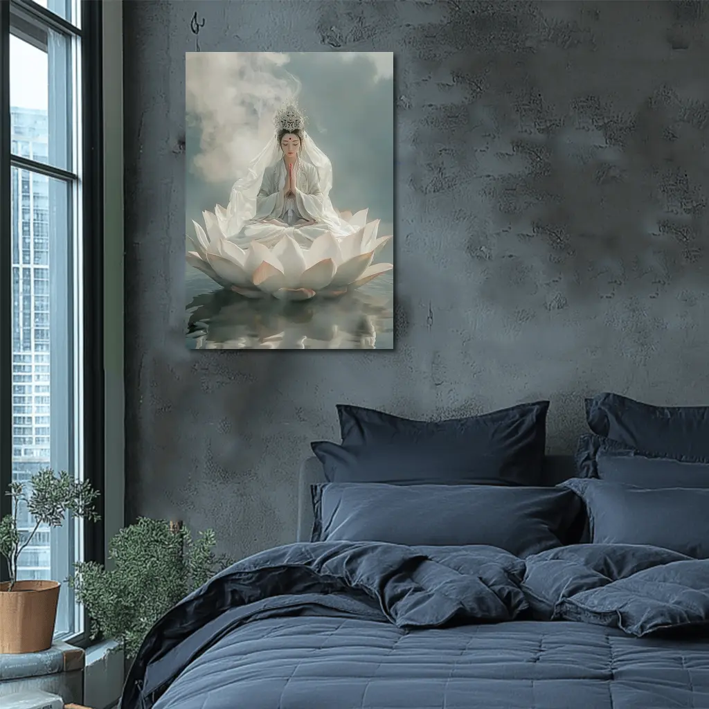 Guanyin Goddess Meditating on White Lotus – Wall Art