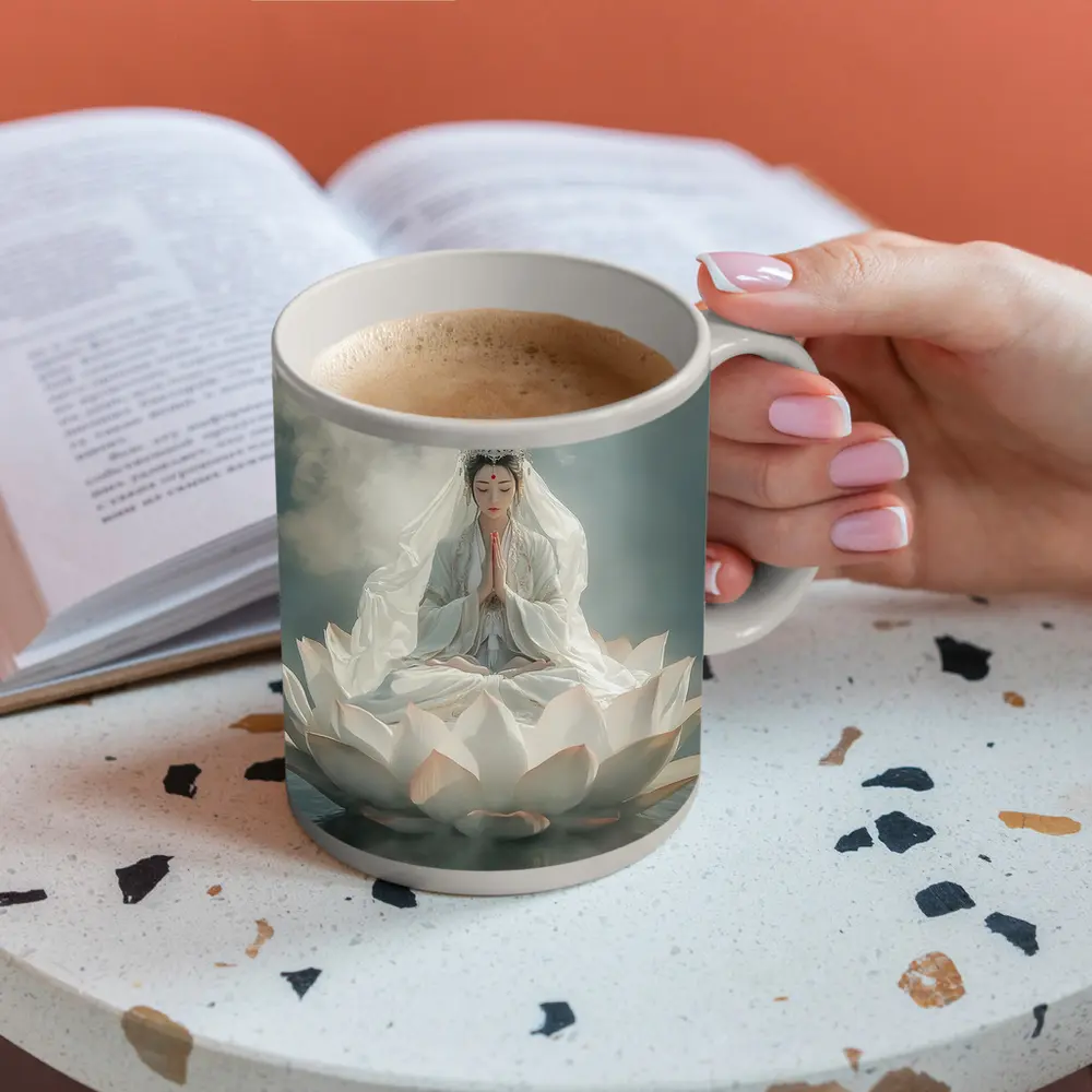 Guanyin Goddess Meditating on White Lotus – Mugs