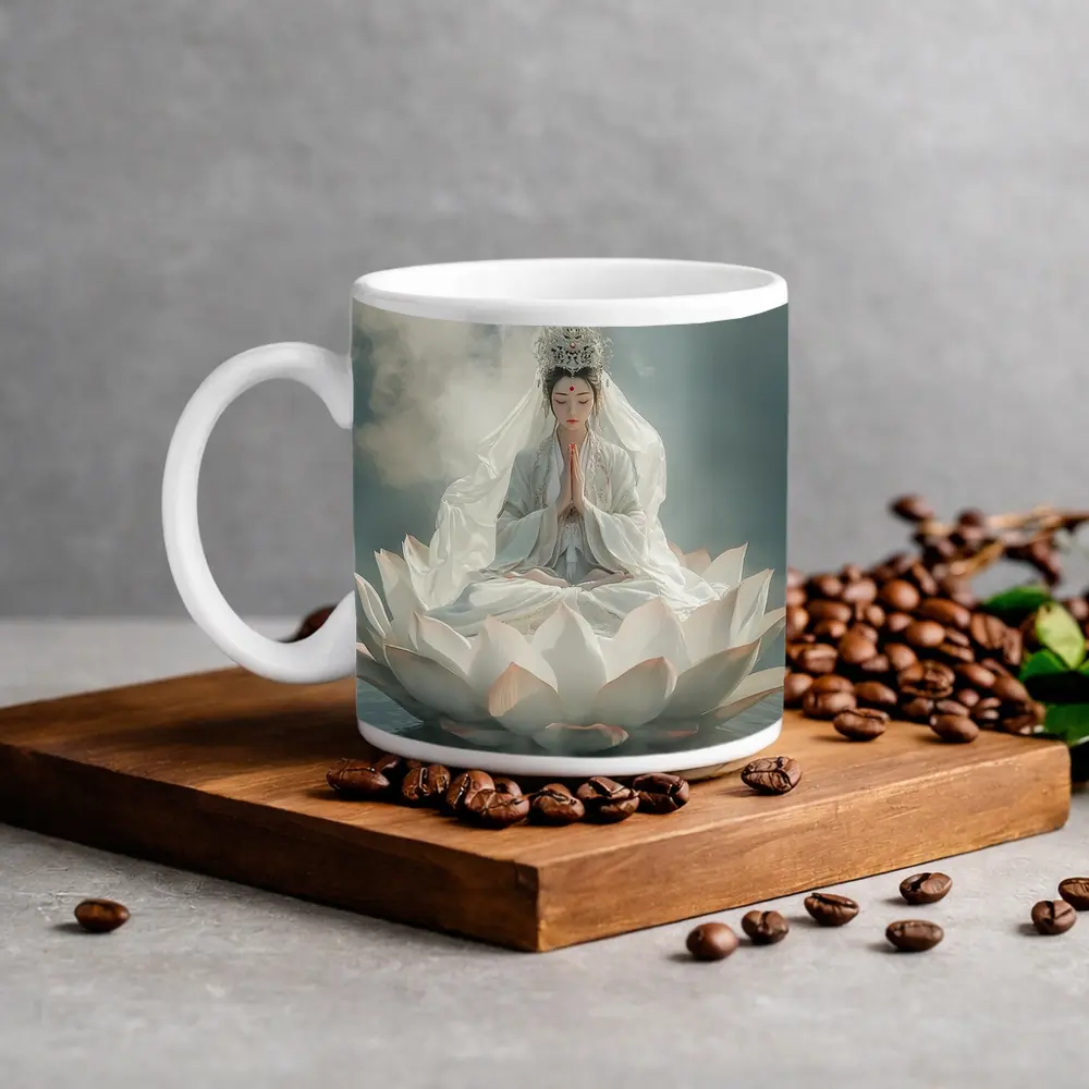 Guanyin Goddess Meditating on White Lotus – Mugs