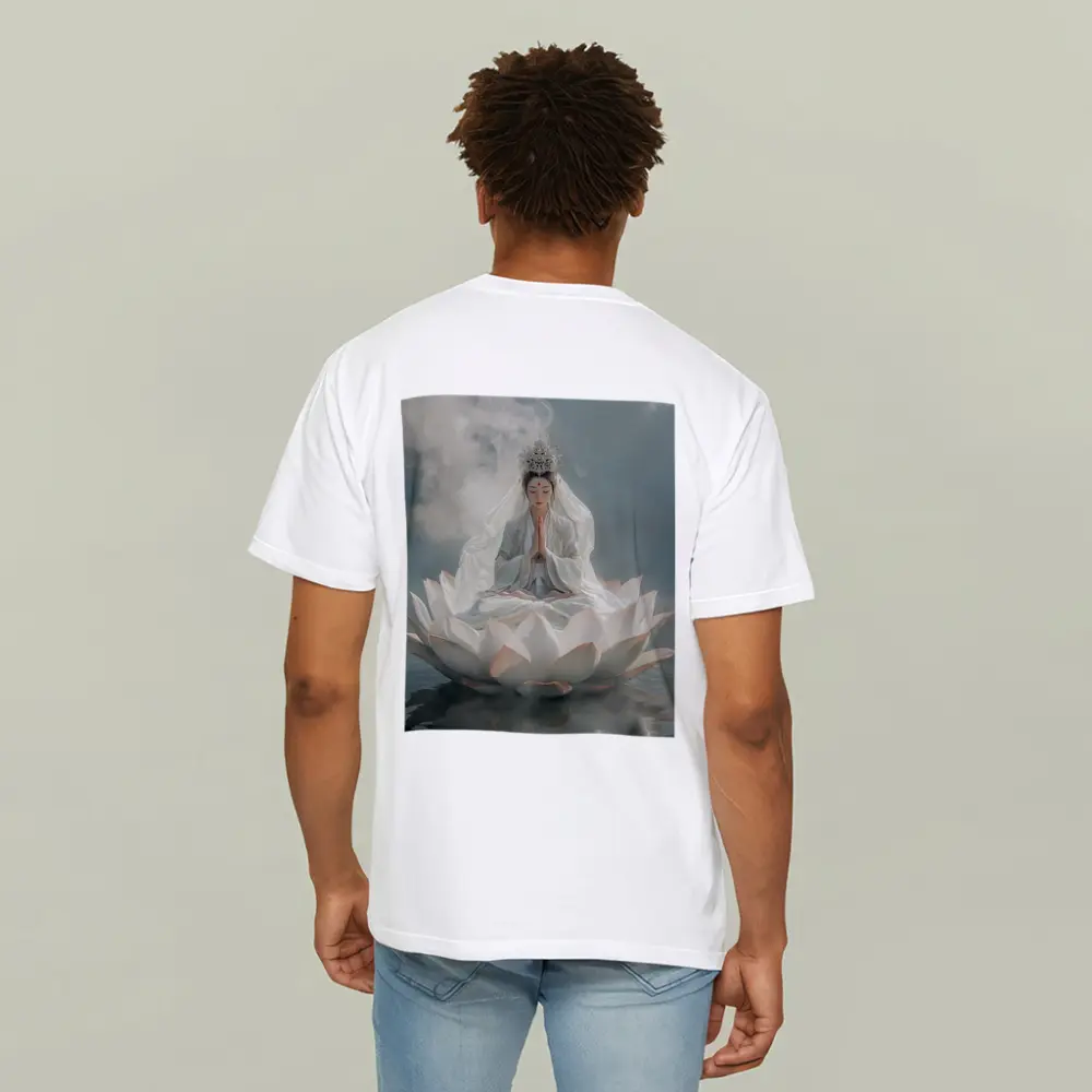 Guanyin Goddess Meditating on White Lotus – T-Shirts