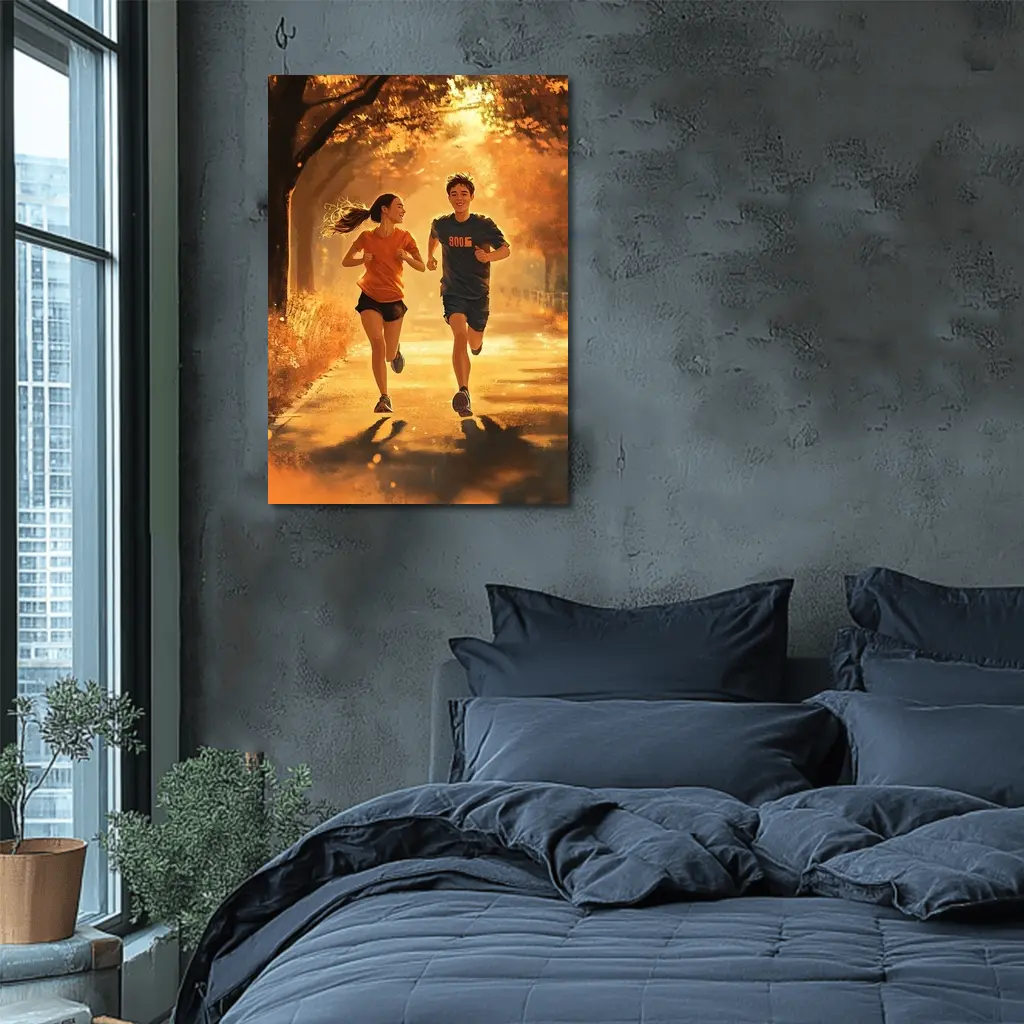 Two Teens Running Together Autumn Park – Wall Art