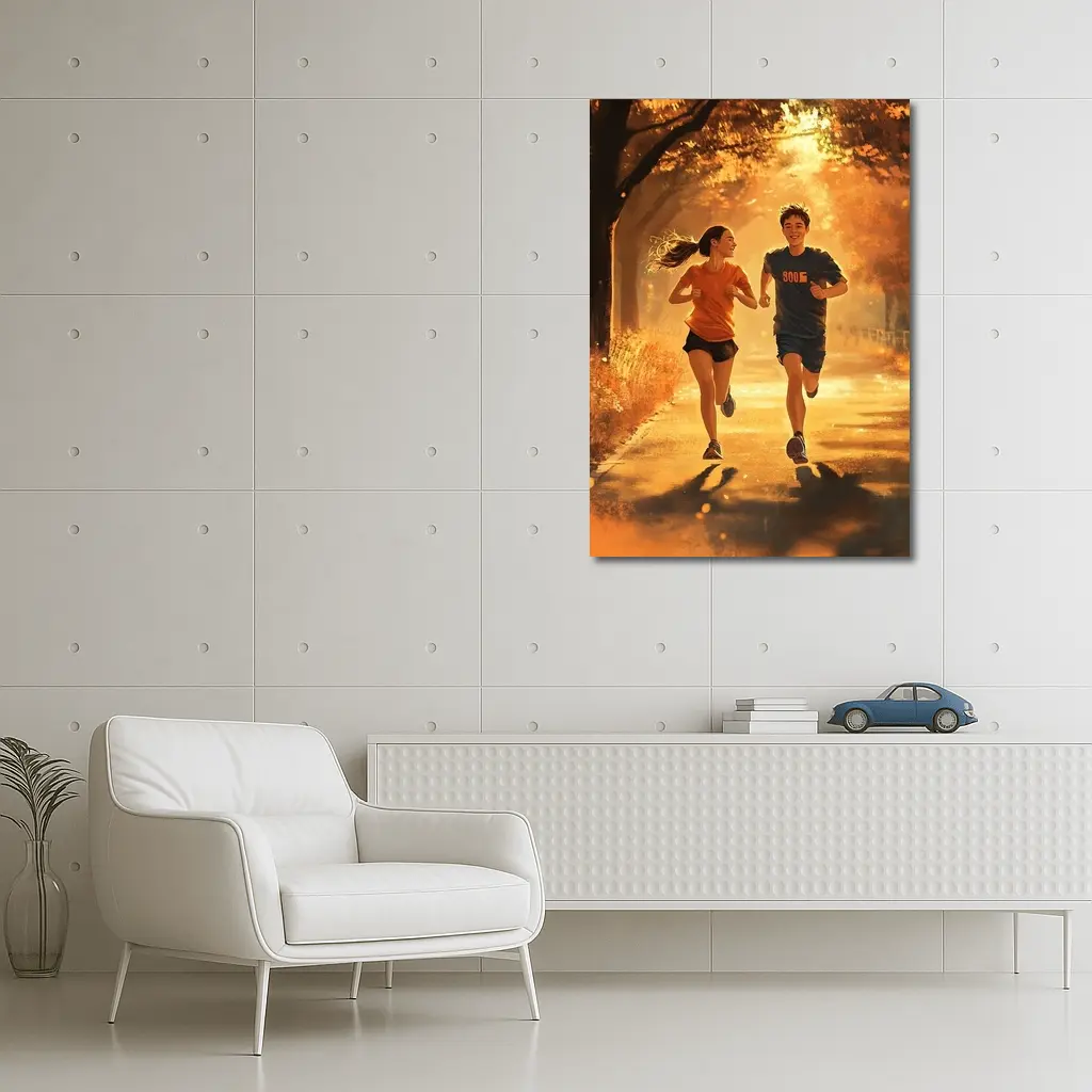 Two Teens Running Together Autumn Park – Wall Art