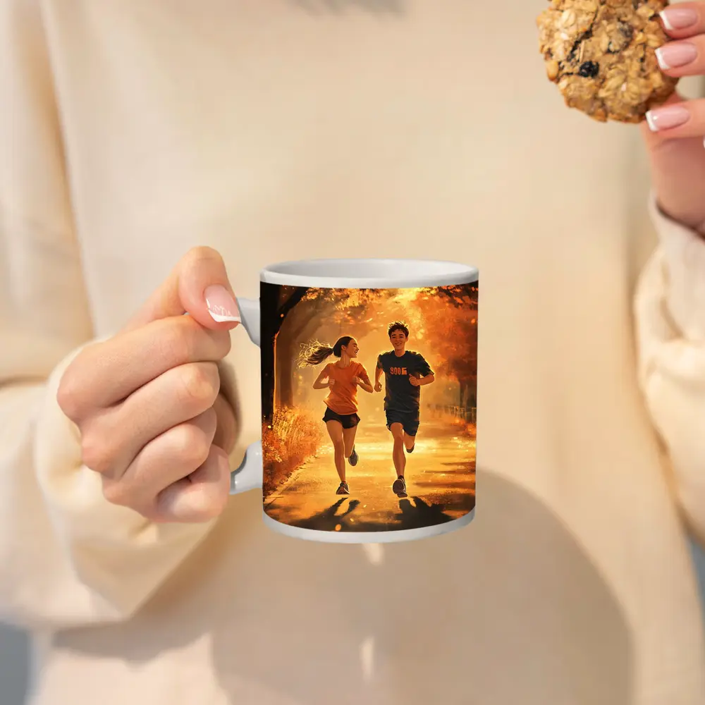 Two Teens Running Together Autumn Park – Mugs