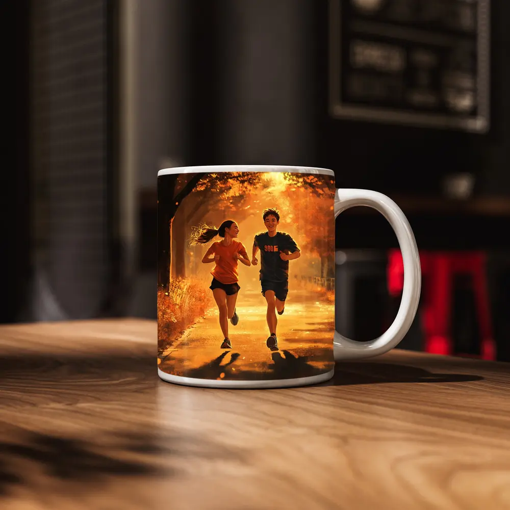 Two Teens Running Together Autumn Park – Mugs