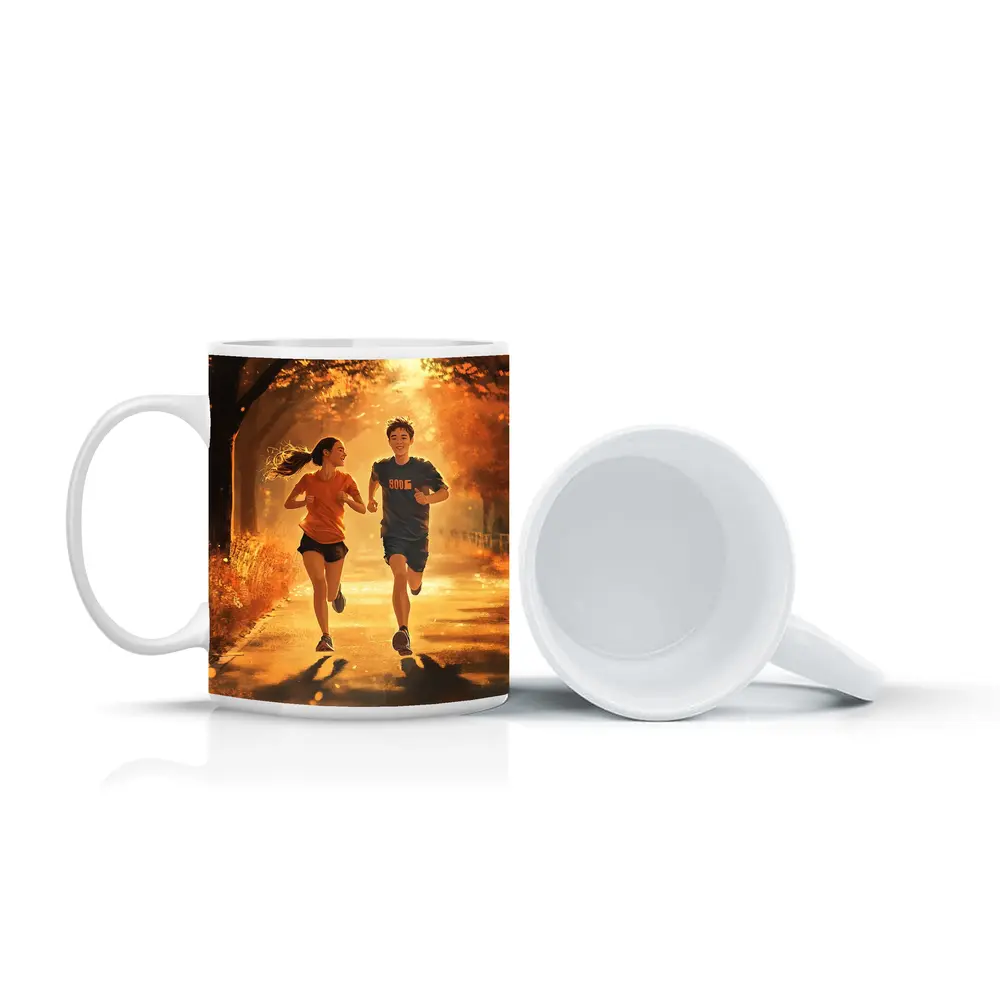Two Teens Running Together Autumn Park – Mugs