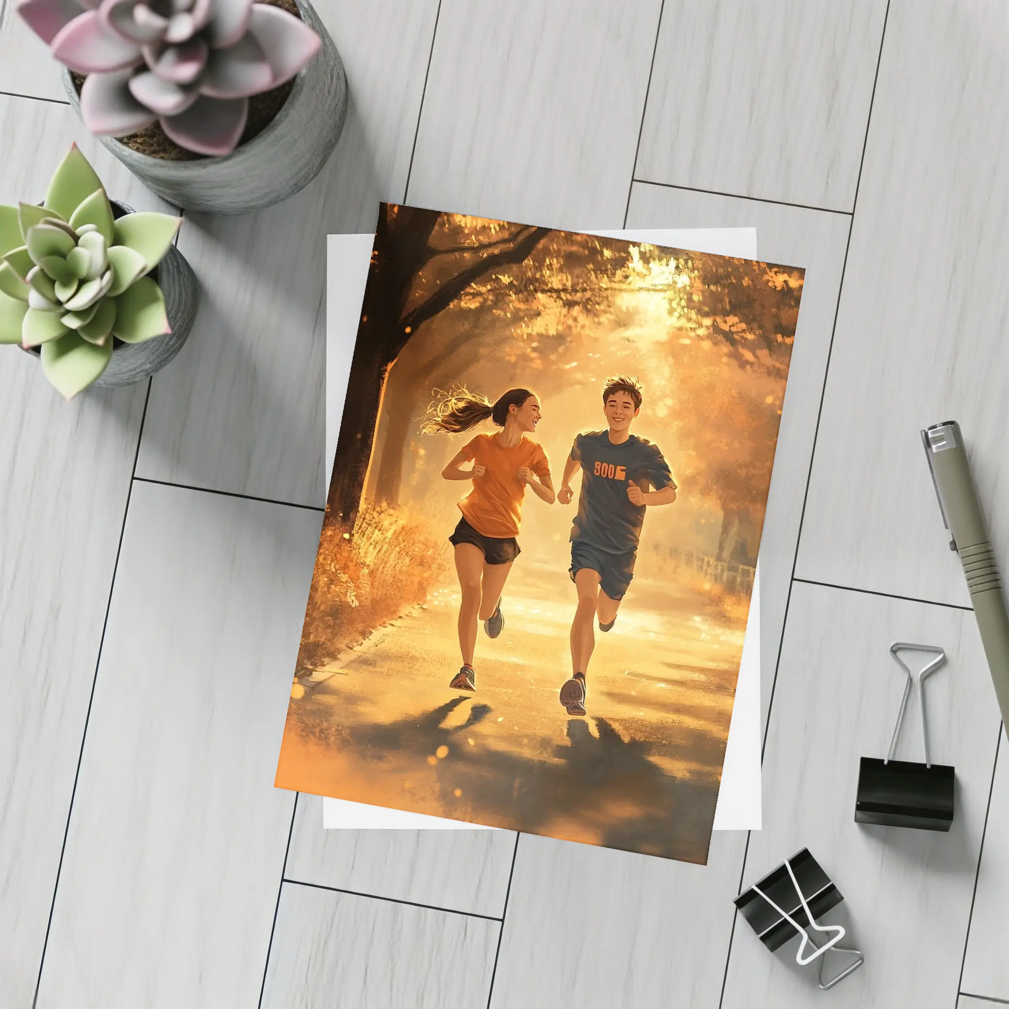 Two Teens Running Together Autumn Park – Postcards