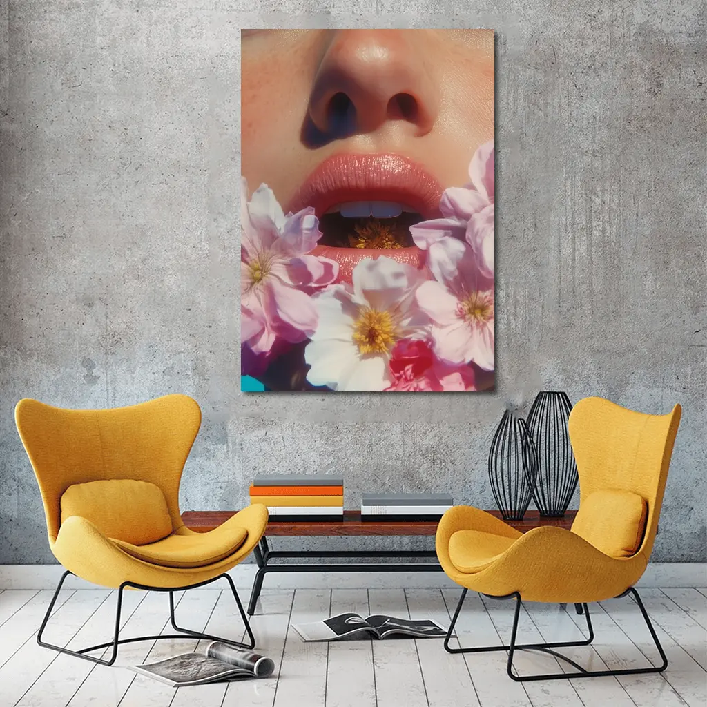 Woman Face Pink Flowers Close Up Portrait – Wall Art