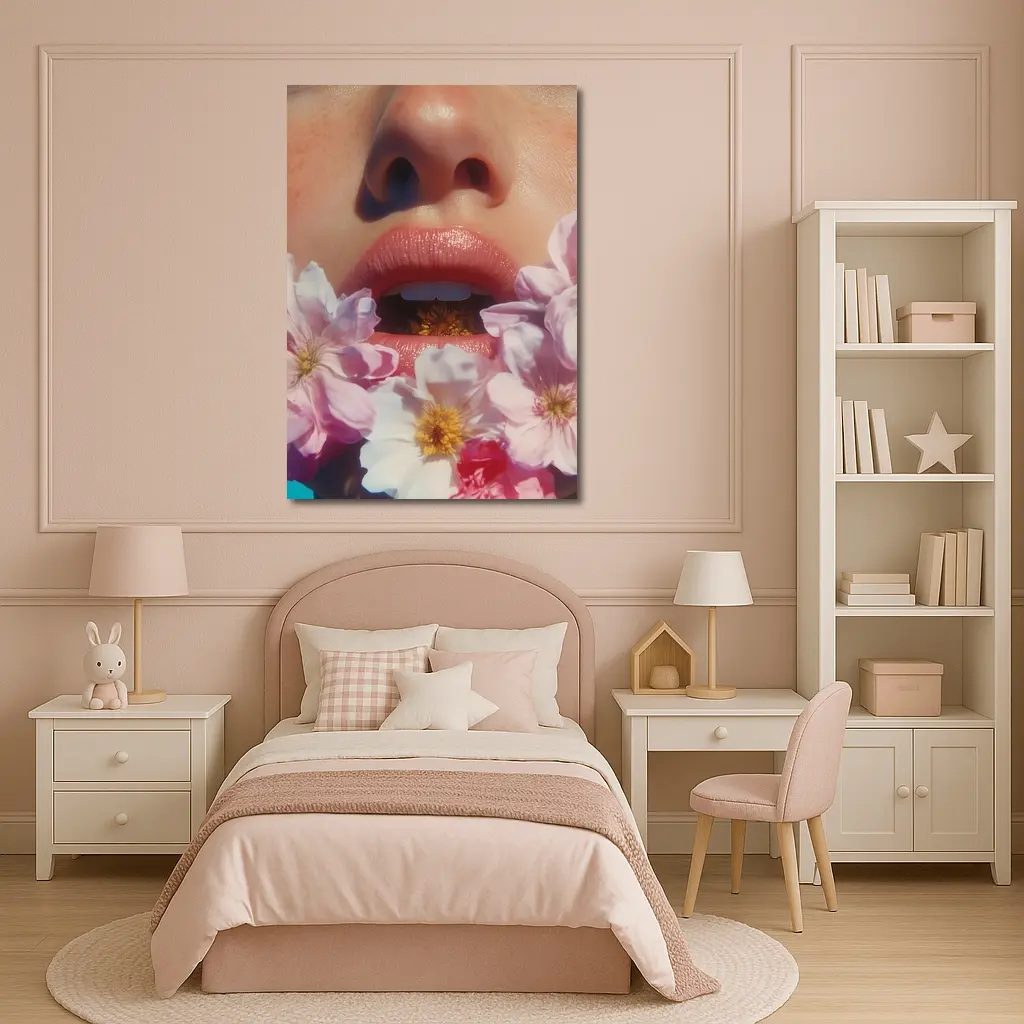 Woman Face Pink Flowers Close Up Portrait – Wall Art