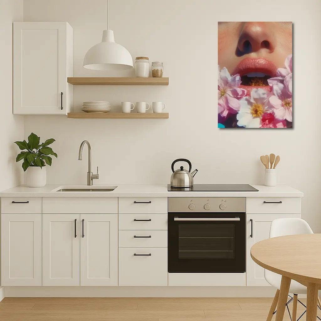 Woman Face Pink Flowers Close Up Portrait – Wall Art