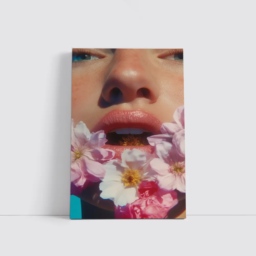 Woman Face Pink Flowers Close Up Portrait – Wall Art