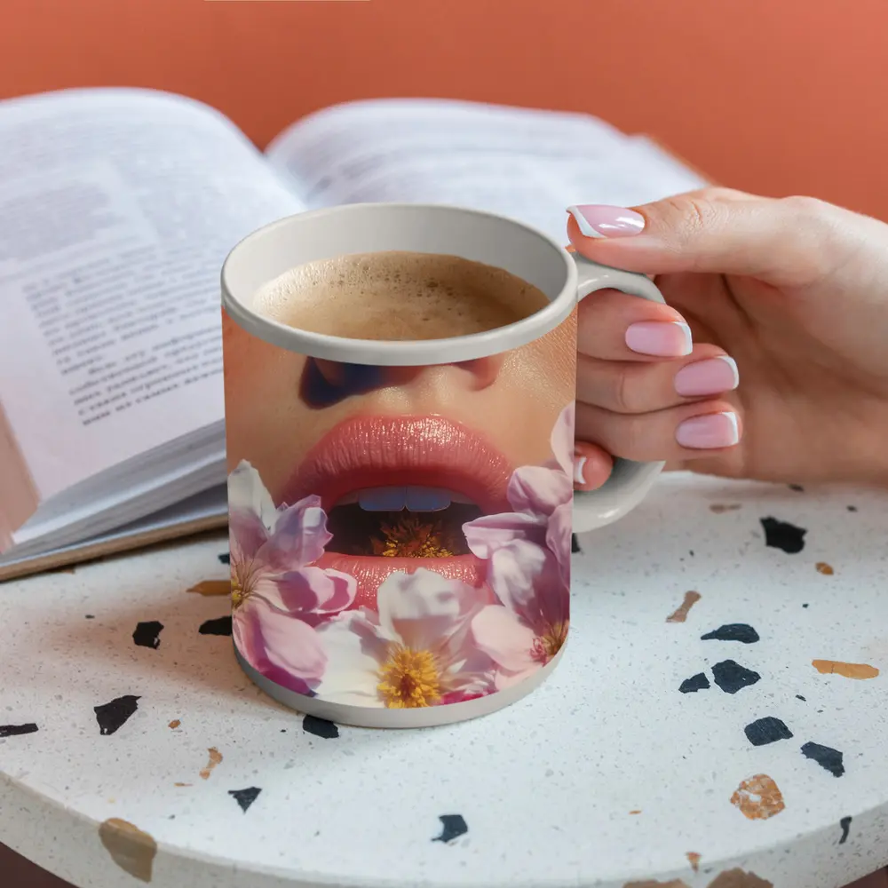 Woman Face Pink Flowers Close Up Portrait – Mugs