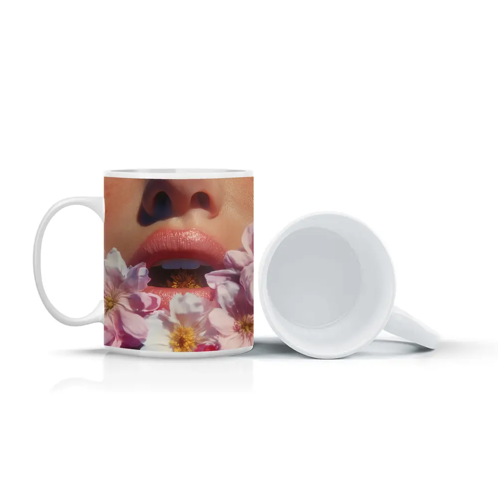 Woman Face Pink Flowers Close Up Portrait – Mugs