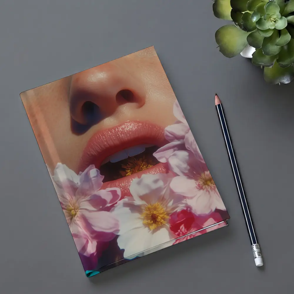Woman Face Pink Flowers Close Up Portrait – Notebooks