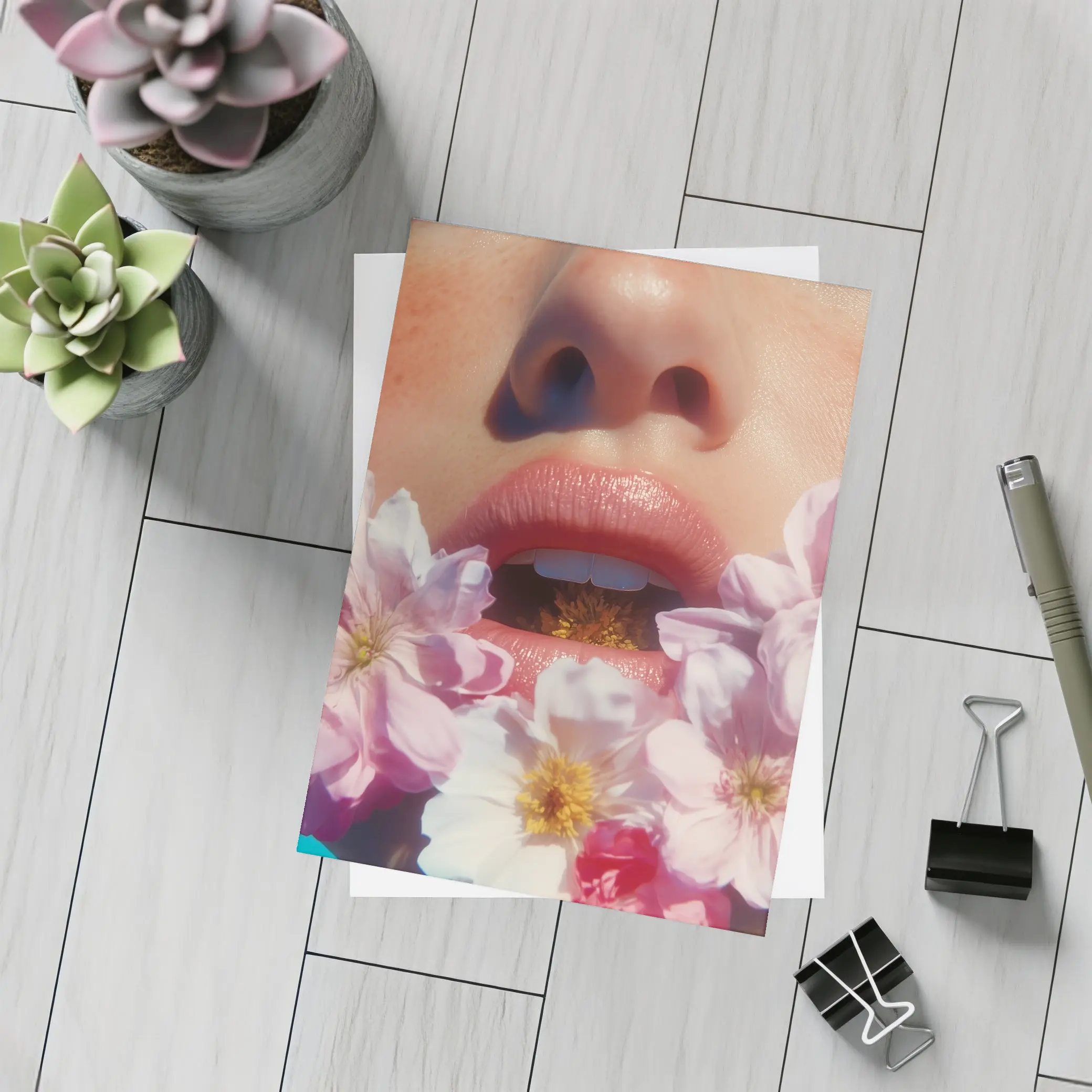 Woman Face Pink Flowers Close Up Portrait – Postcards