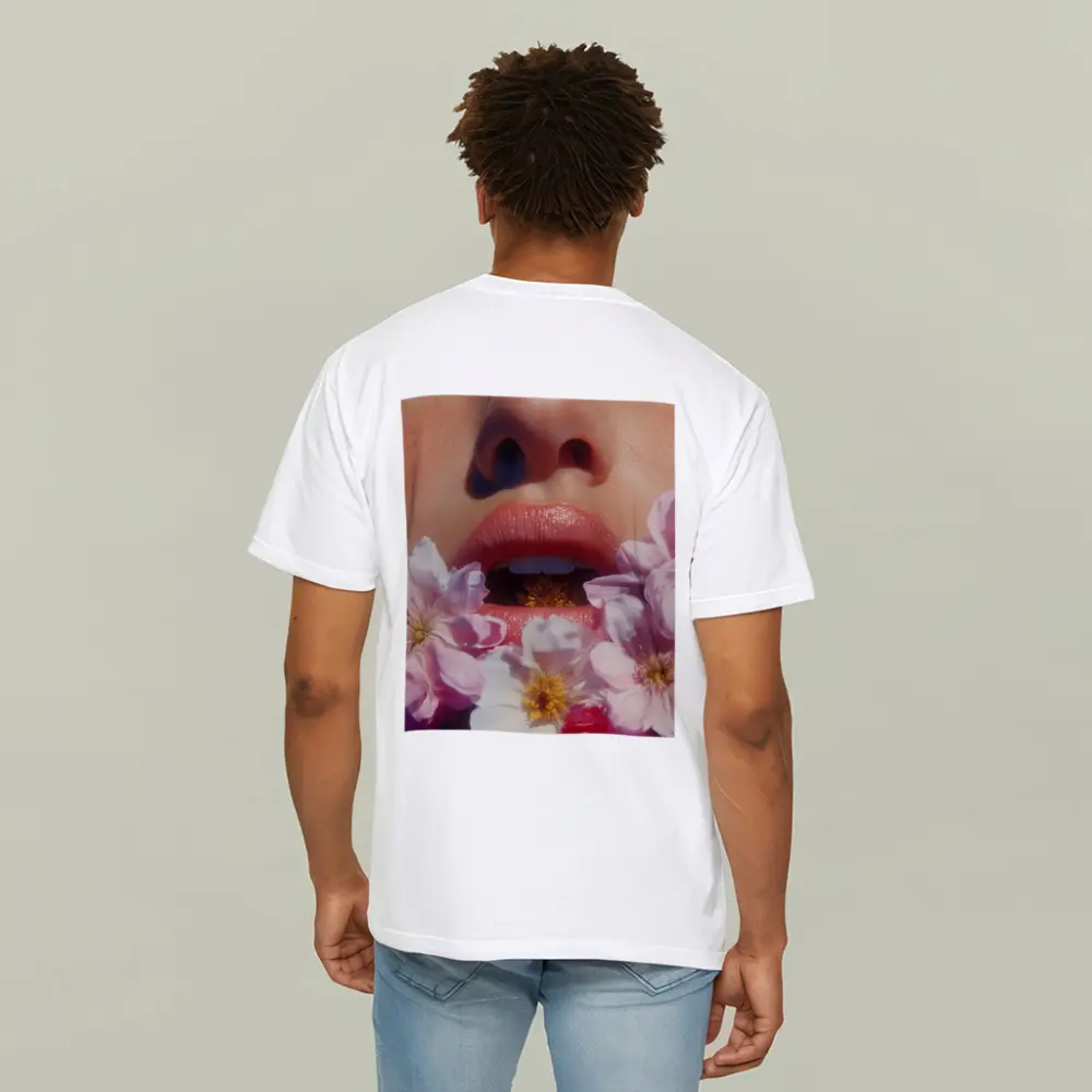 Woman Face Pink Flowers Close Up Portrait – T-Shirts