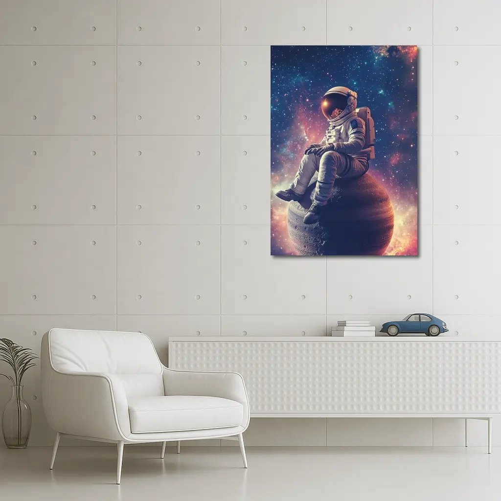 Astronaut Sitting on Planet Colorful Galaxy – Wall Art