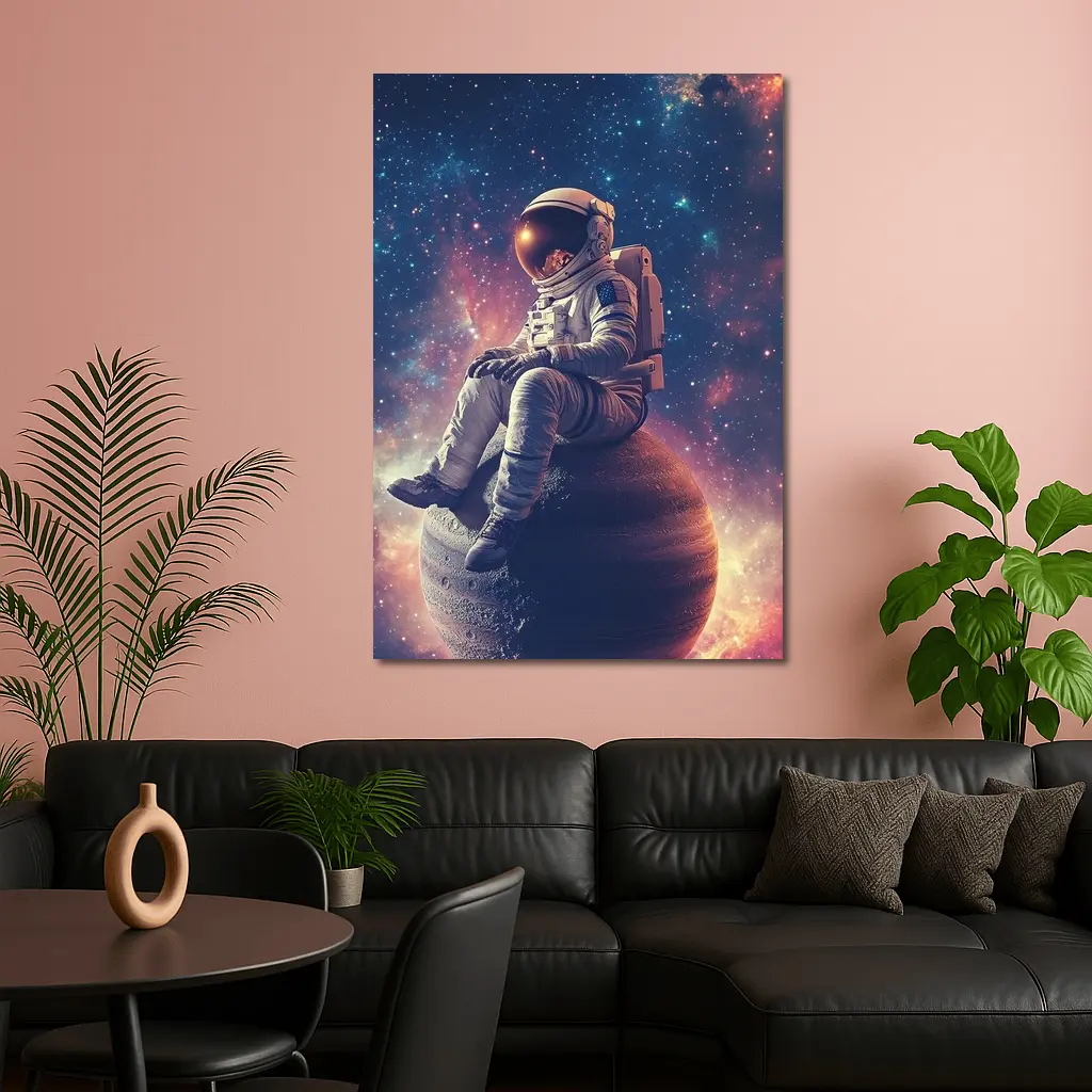 Astronaut Sitting on Planet Colorful Galaxy – Wall Art
