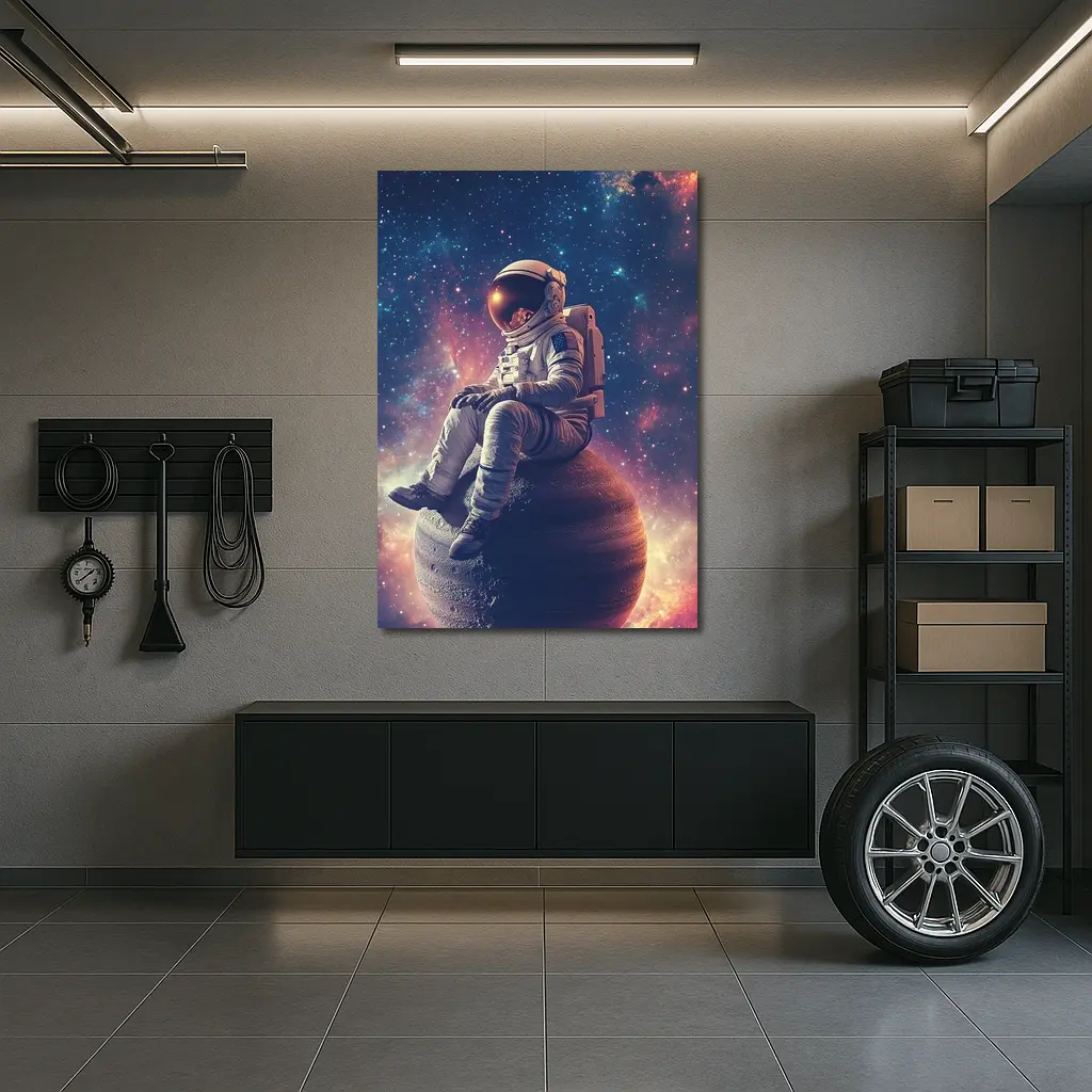 Astronaut Sitting on Planet Colorful Galaxy – Wall Art
