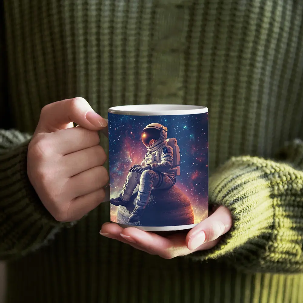 Astronaut Sitting on Planet Colorful Galaxy – Mugs
