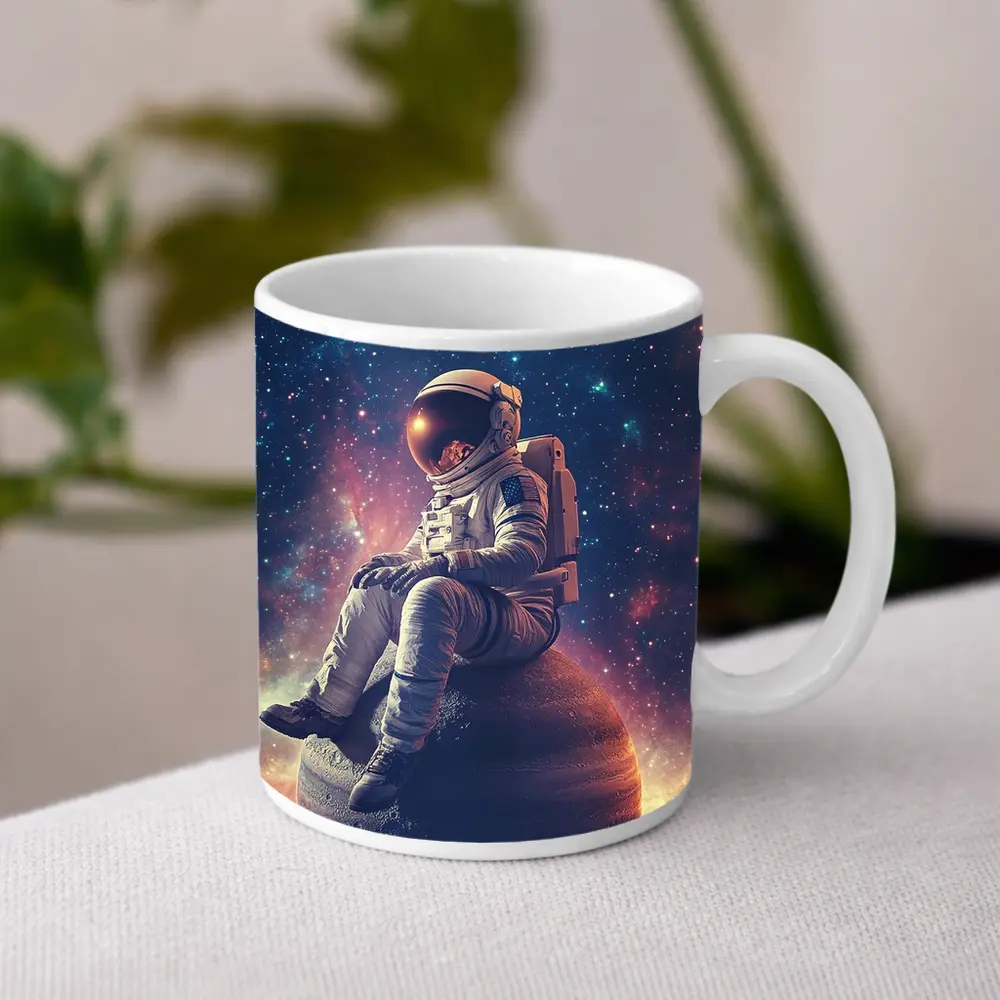 Astronaut Sitting on Planet Colorful Galaxy – Mugs