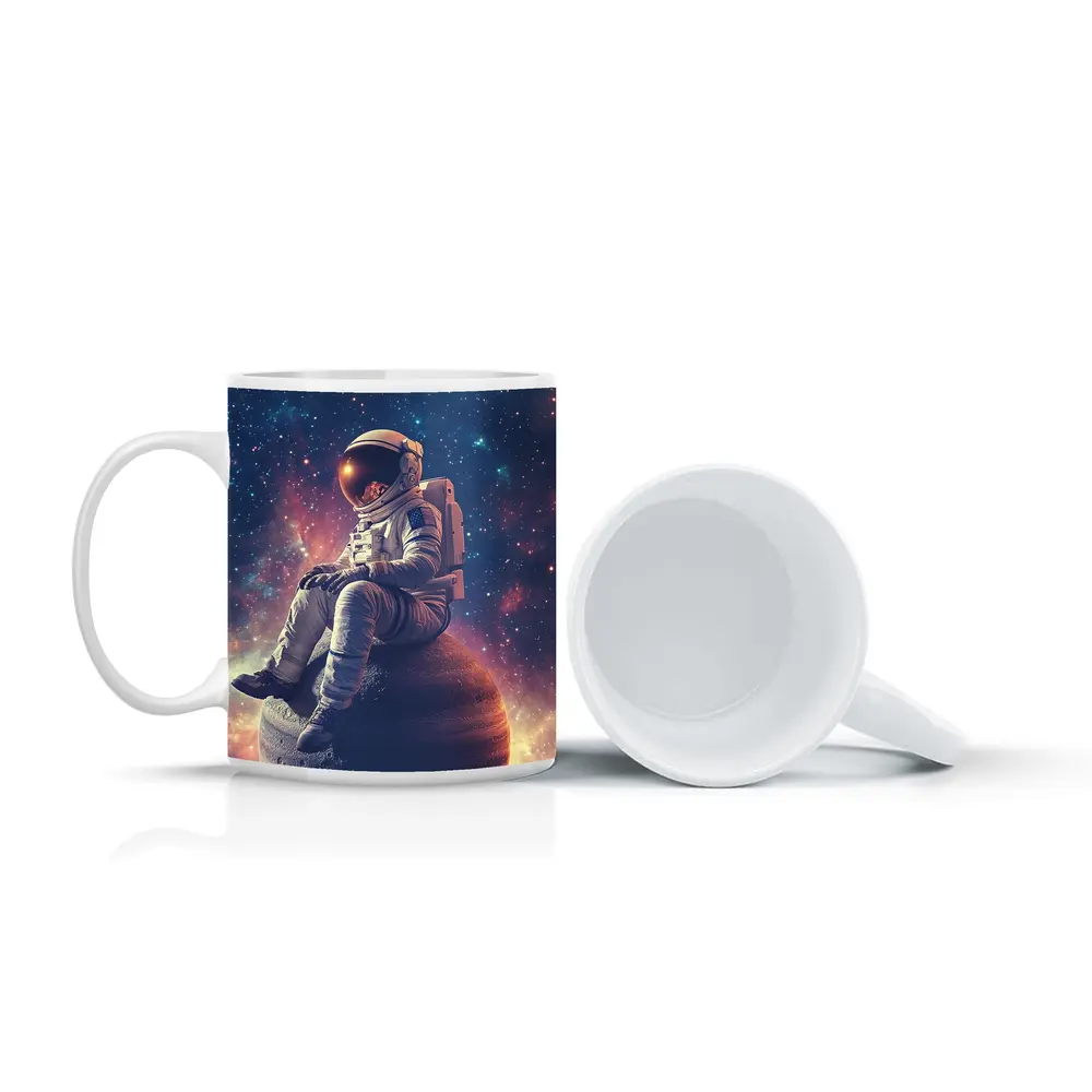 Astronaut Sitting on Planet Colorful Galaxy – Mugs