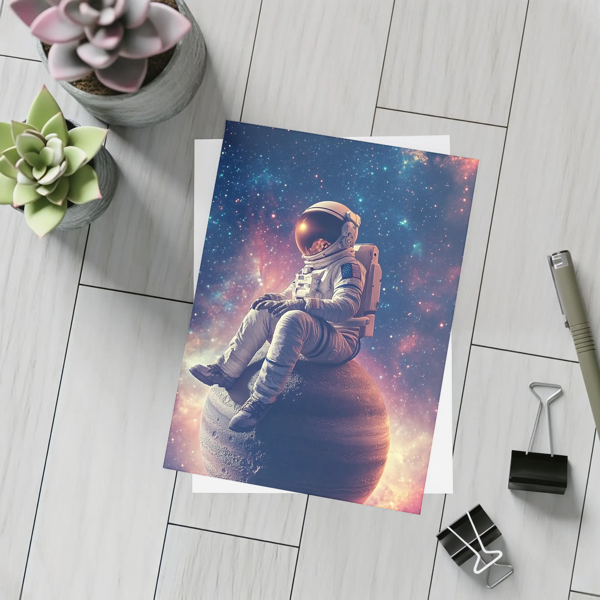 Astronaut Sitting on Planet Colorful Galaxy – Postcards