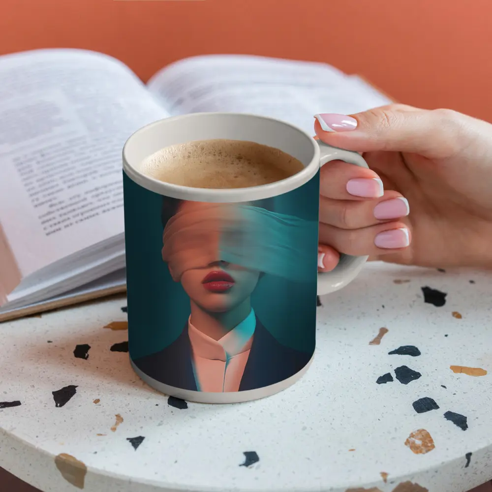 Blindfolded Woman Dark Teal Surreal Portrait – Mugs