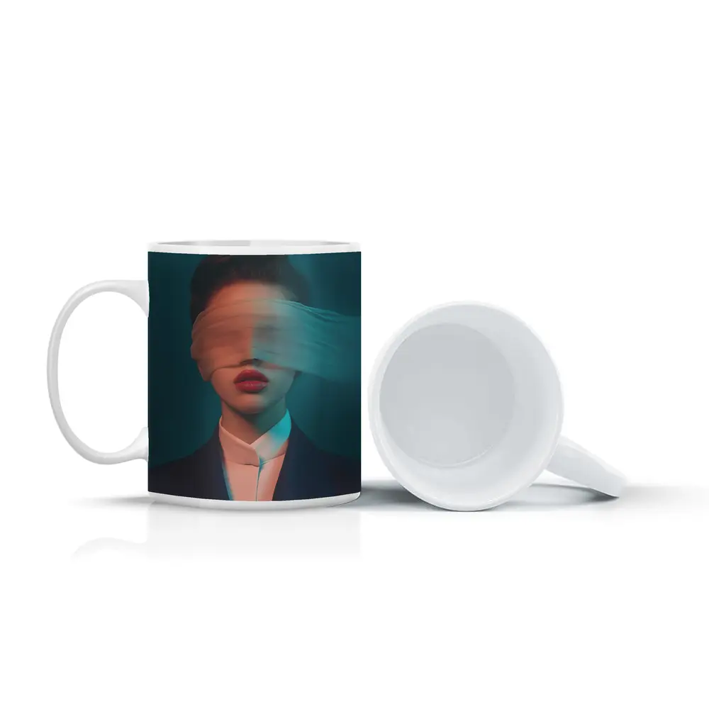 Blindfolded Woman Dark Teal Surreal Portrait – Mugs